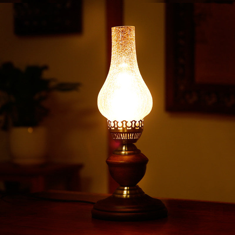 Coastal Vase Table Lighting: Wood Base With Tan Crackle Glass Night Light In Red Brown