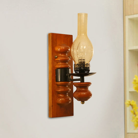 Coastal Vase Tan Seeded Glass Wall Sconce With Wood Backplate - Red Brown