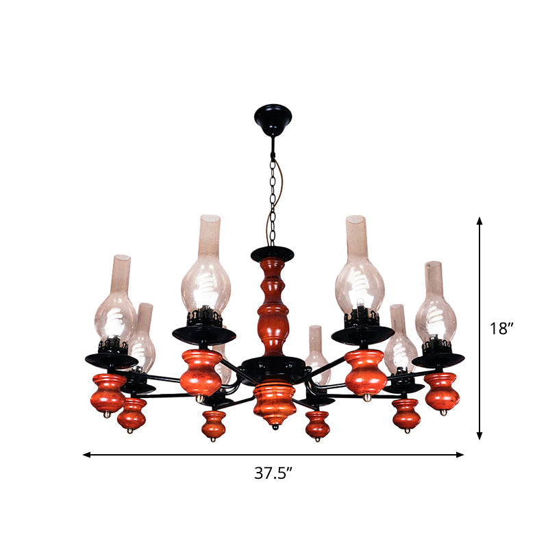 Coastal Clear Glass Pendant Chandelier with 8 Heads and Red Brown Wood Base - Vase Dining Room Hanging Lamp Kit