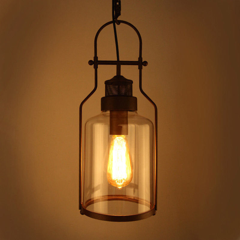 Clear Glass Hanging Pendant Light - Warehouse Style, Black Cylinder Design with Metal Frame