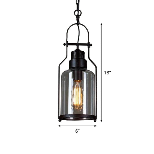 Clear Glass Hanging Pendant Light - Warehouse Style, Black Cylinder Design with Metal Frame