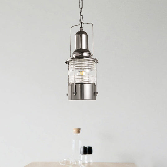 1-Bulb Chrome Industrial Pendant Lamp with Clear Ribbed Glass Cylinder