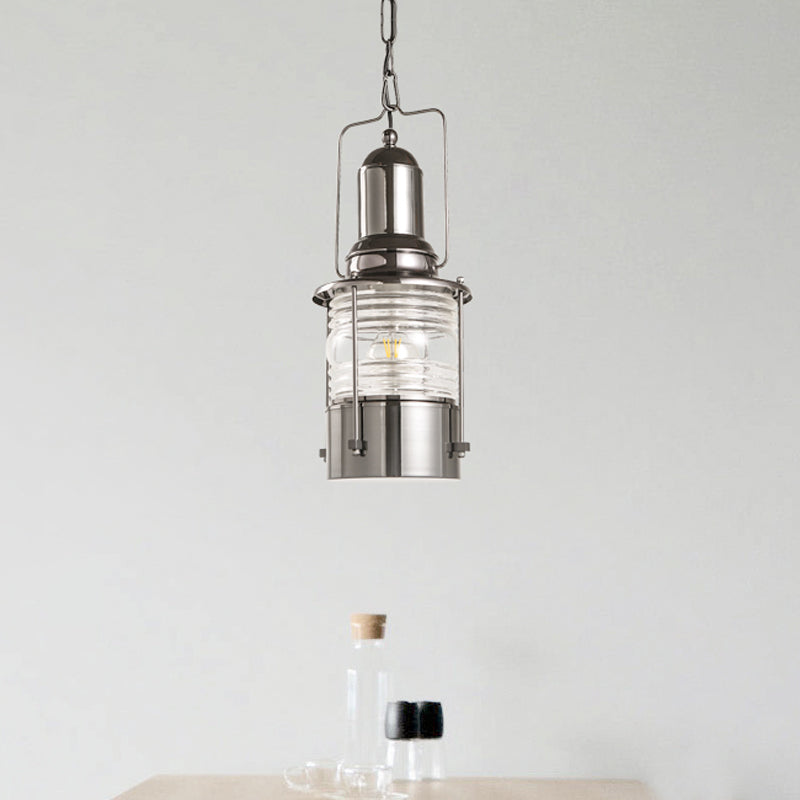 Industrial Chrome Pendant Lamp With Clear Ribbed Glass Cylinder - Stylish Hanging Ceiling Light