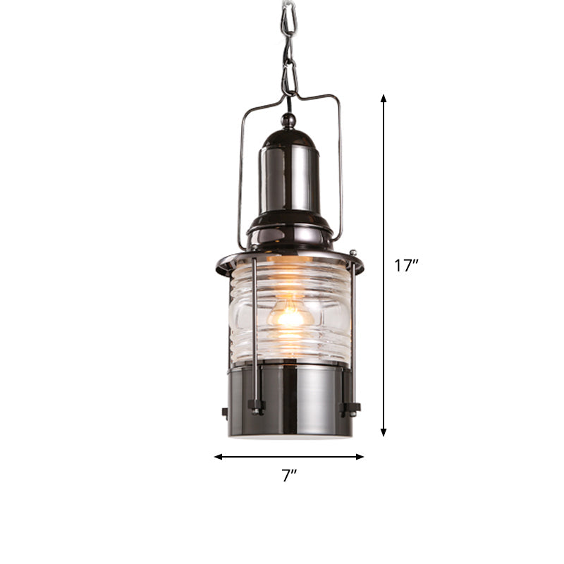 1-Bulb Chrome Industrial Pendant Lamp with Clear Ribbed Glass Cylinder