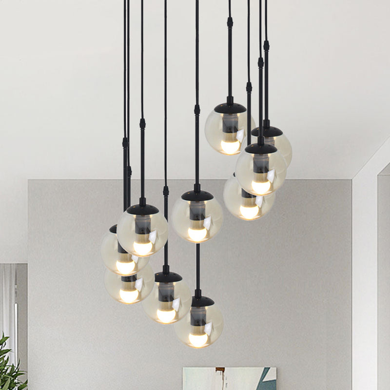 Minimalist Clear Glass Black Pendant Light with Clustered Globes - Industrial Hanging Lamp Kit (3/5/10 Heads) and Linear/Round Canopy