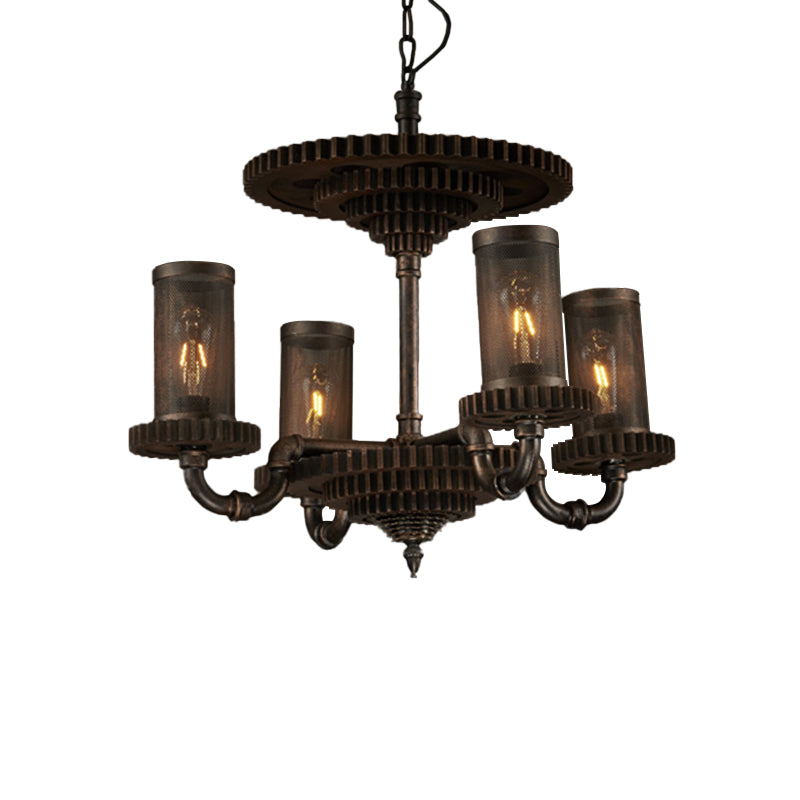 Black Metal Pendant Light Kit- Warehouse Cylinder Hanging Chandelier (4 Lights) with Gear Deco