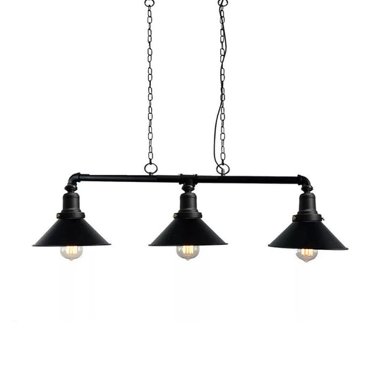 Vintage Black Conical Island Light Fixture - 3-Light Metal Pendant For Dining Room