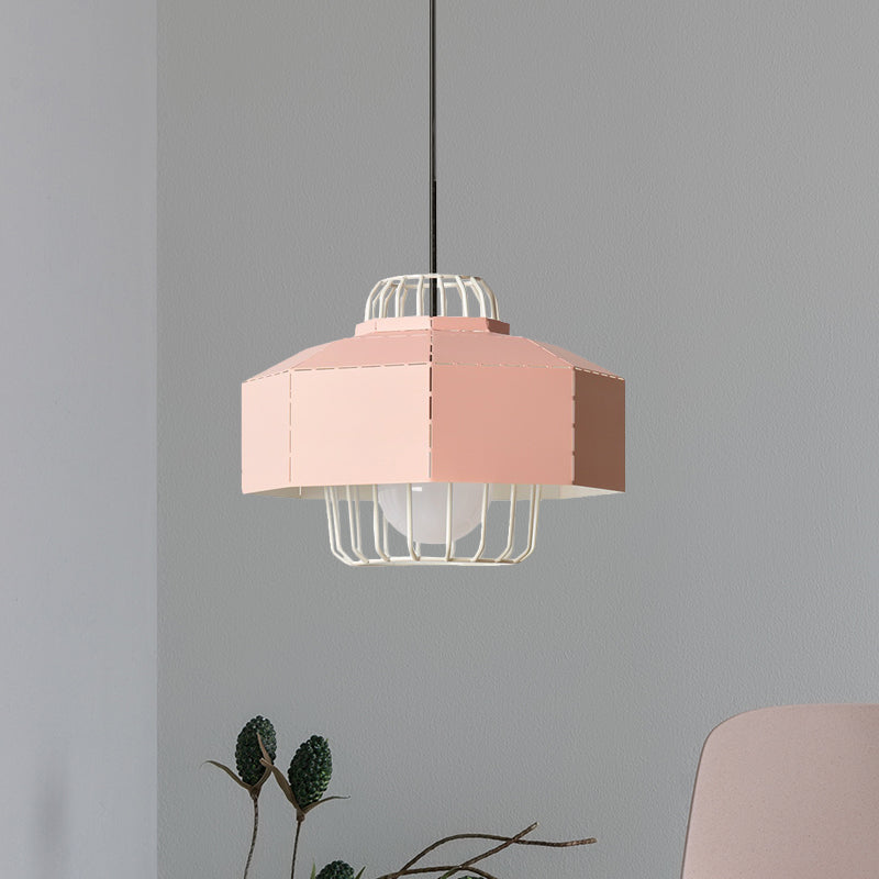 Laser Cut Hanging Lantern Macaron Pendant Light - Grey/Blue/Pink With Wire Cage Insert