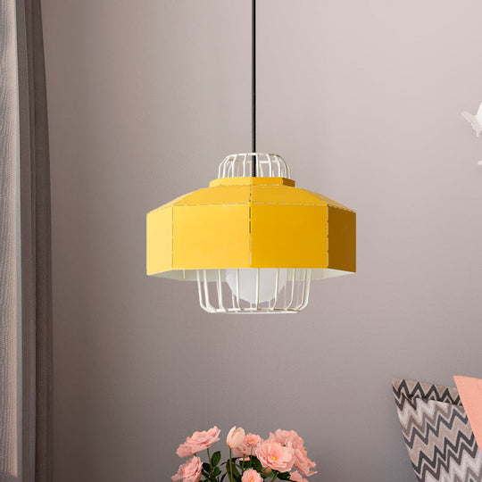 Laser Cut Hanging Lantern Macaron Pendant Light - Grey/Blue/Pink With Wire Cage Insert Yellow