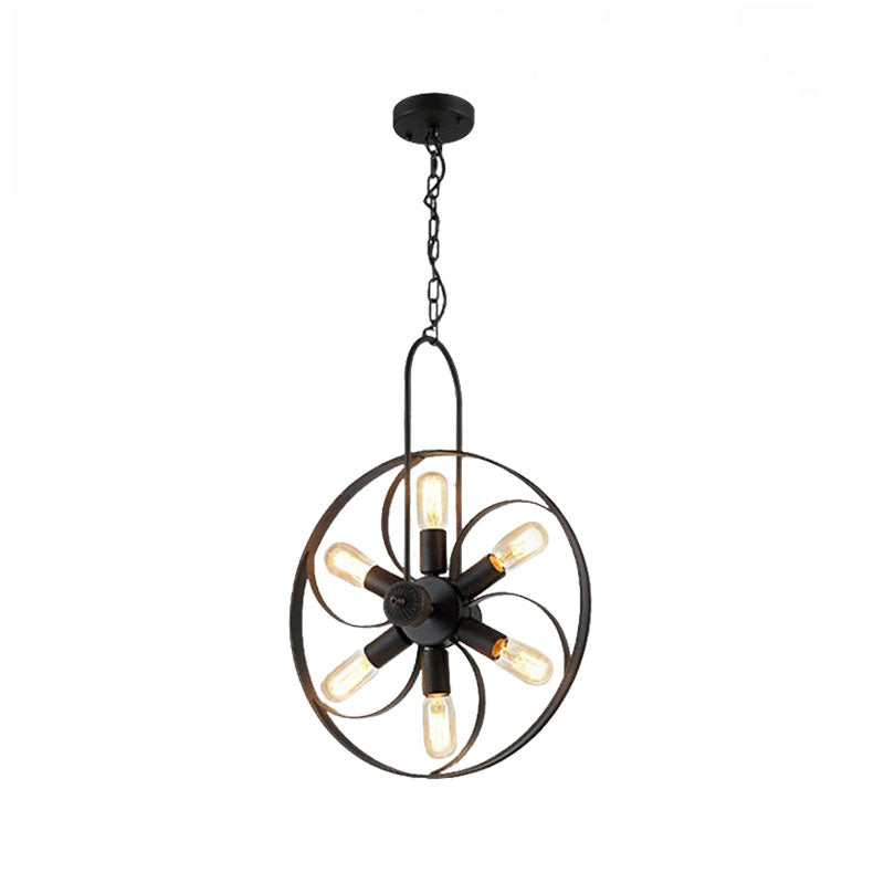 Industrial Metal Chandelier - Black Wheel Pendant Light with 6 Adjustable Lights for Dining Room