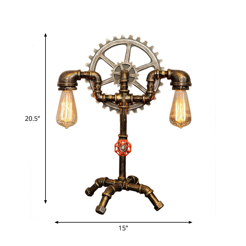 Antique Brass Bedroom Standing Light: 2-Light Table Lighting With Water Pipe And Gear Wrought Iron