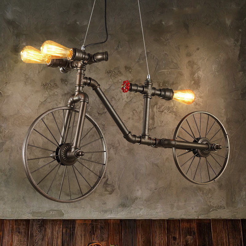 Antique Bronze Bicycle Pendant Light With Pipe Design - 3 Indoor Lights