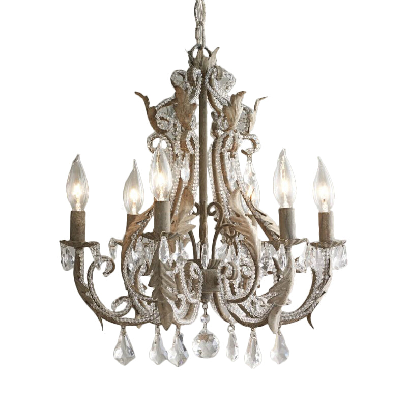 French Country 6-Light Crystal Candle Chandelier in Antiqued Grey