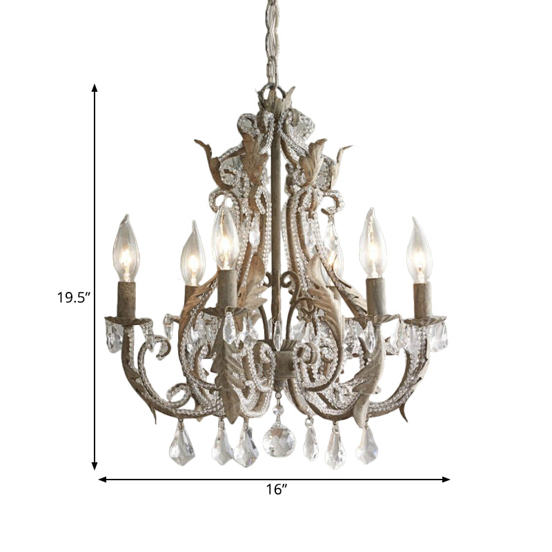 French Country Candle Chandelier - 6 Light Crystal Hanging In Antiqued Grey