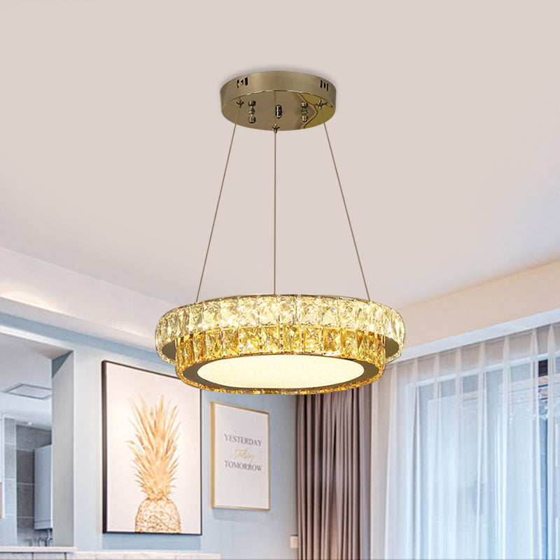 Modern Gold Crystal Embedded 2-Tier Round Led Chandelier - Dining Room Lighting Available In