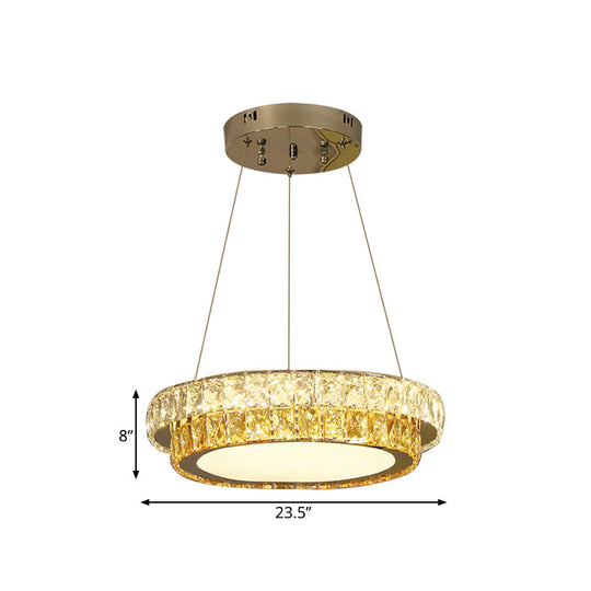 Modern Gold Crystal Embedded LED Chandelier - 2-Tier Round Design for Dining Room - Available in Multiple Sizes (16"/23.5"/31.5" Dia)