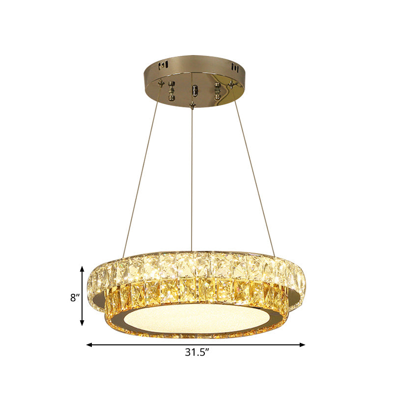 Modern Gold Crystal Embedded LED Chandelier - 2-Tier Round Design for Dining Room - Available in Multiple Sizes (16"/23.5"/31.5" Dia)