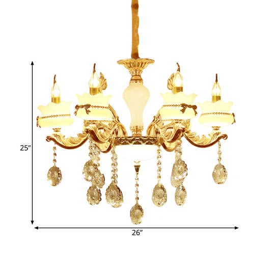 Modern Gold Glass Scalloped Chandelier with Crystal Drop – 6/8-Head Pendant for Restaurants