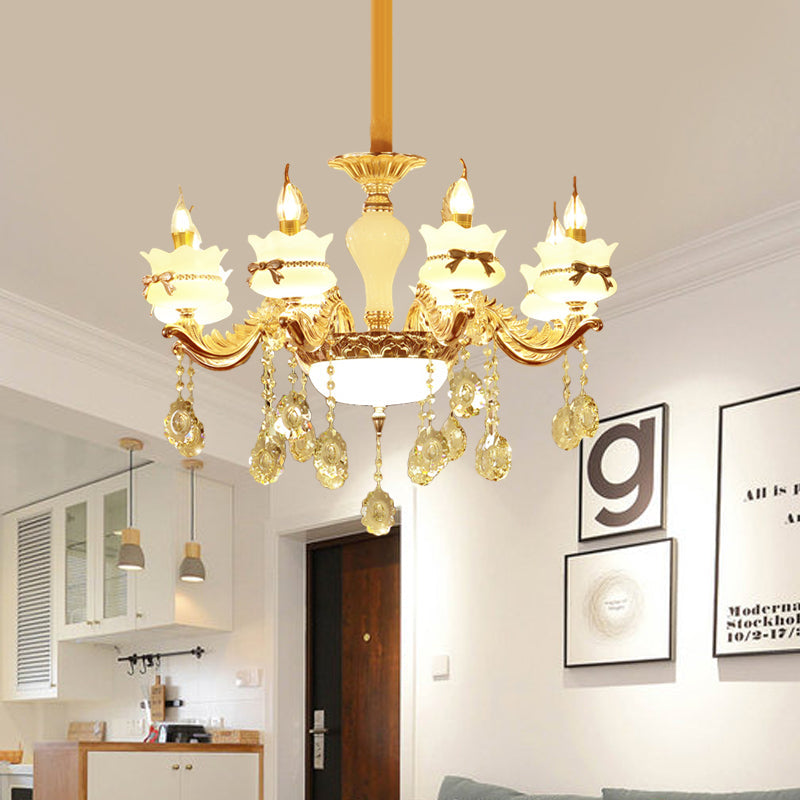 Modern Gold Glass Scalloped Chandelier with Crystal Drop – 6/8-Head Pendant for Restaurants