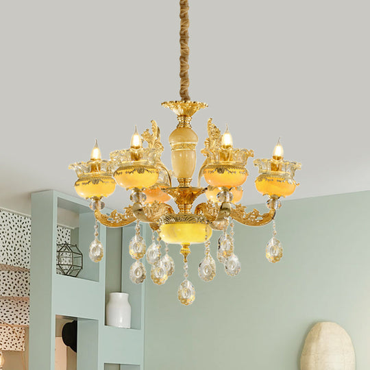 Traditional 6-Light Chandelier With Vase Mable Shade And Crystal Drape For Dining Hall Ceiling