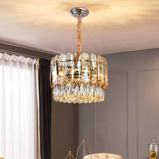 Gold K9 Crystal 6-Bulb Chandelier - Modern Drum Shape, 2-Tier Ceiling Light