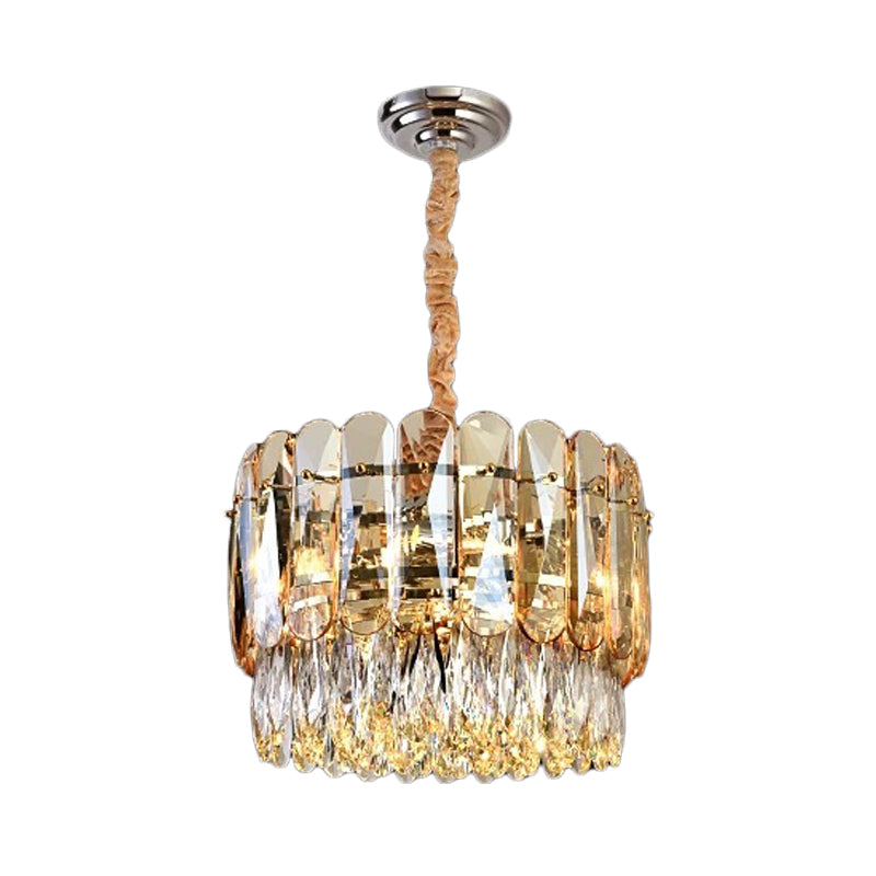 Gold K9 Crystal 6-Bulb Chandelier - Modern Drum Shape, 2-Tier Ceiling Light