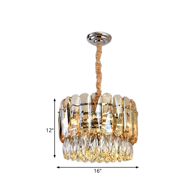 Gold K9 Crystal 6-Bulb Chandelier - Modern Drum Shape, 2-Tier Ceiling Light