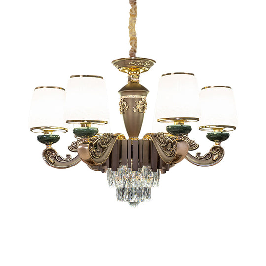 Traditional Tapered Opal Glass Chandelier with 6 Heads - Brown Dining Room Pendant Light featuring K9 Crystal Insert