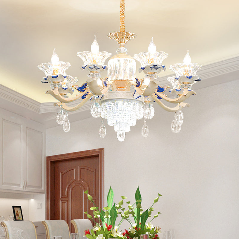 Rose Gold Crystal Chandelier Pendant - 6/8 Lights, Modern Blooming Design for Bedroom Suspension, Ceramic Bobeche