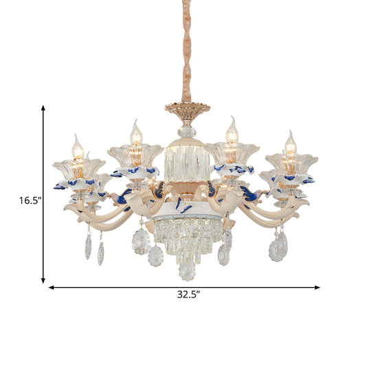 Rose Gold Crystal Chandelier Pendant - 6/8 Lights, Modern Blooming Design for Bedroom Suspension, Ceramic Bobeche