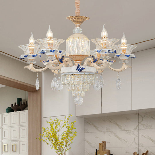 Rose Gold Crystal Chandelier Pendant - 6/8 Lights, Modern Blooming Design for Bedroom Suspension, Ceramic Bobeche