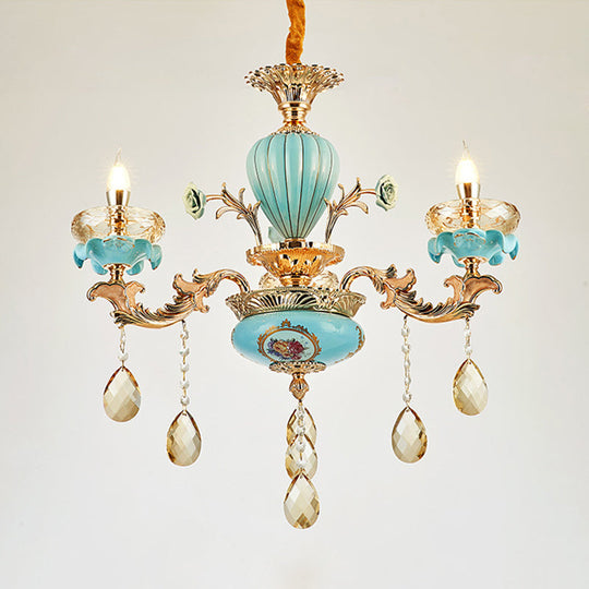 Moroccan Gold-Blue Ceramic Hanging Chandelier with K9 Crystal Drop - 3/6 Bulb Candelabrum Lamp