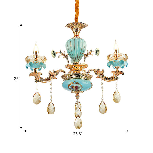 Moroccan Gold-Blue Ceramic Hanging Chandelier With Crystal Drops - 3/6 Bulb Candelabrum