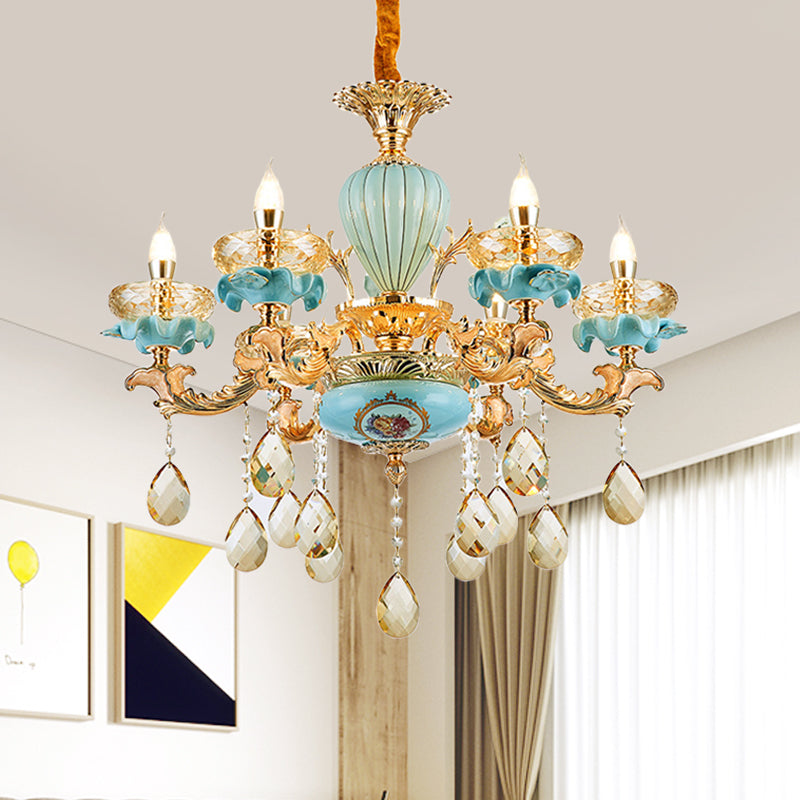 Moroccan Gold-Blue Ceramic Hanging Chandelier with K9 Crystal Drop - 3/6 Bulb Candelabrum Lamp