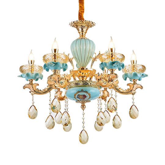 Moroccan Gold-Blue Ceramic Hanging Chandelier with K9 Crystal Drop - 3/6 Bulb Candelabrum Lamp