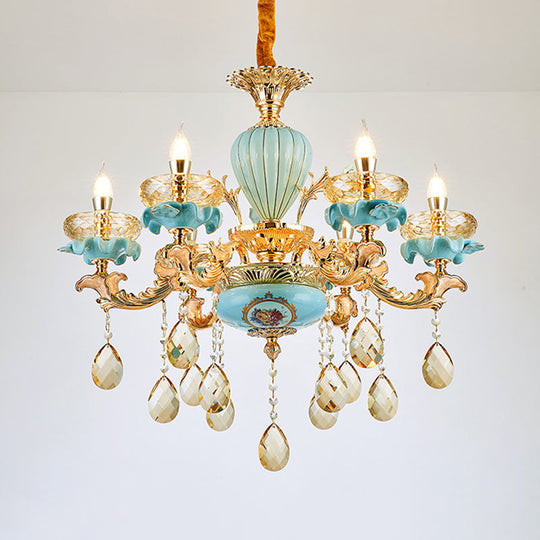 Moroccan Gold-Blue Ceramic Hanging Chandelier With Crystal Drops - 3/6 Bulb Candelabrum