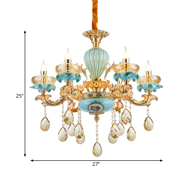 Moroccan Gold-Blue Ceramic Hanging Chandelier with K9 Crystal Drop - 3/6 Bulb Candelabrum Lamp