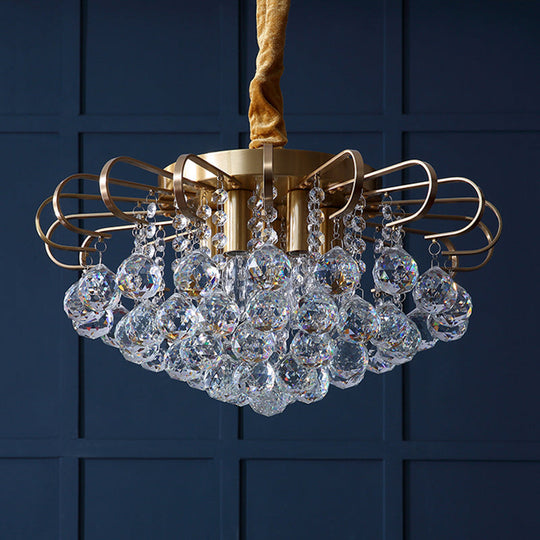 Traditional Floral Crystal Ball Pendant Chandelier in Gold - 3/5 Bulbs, 14"/18" Wide