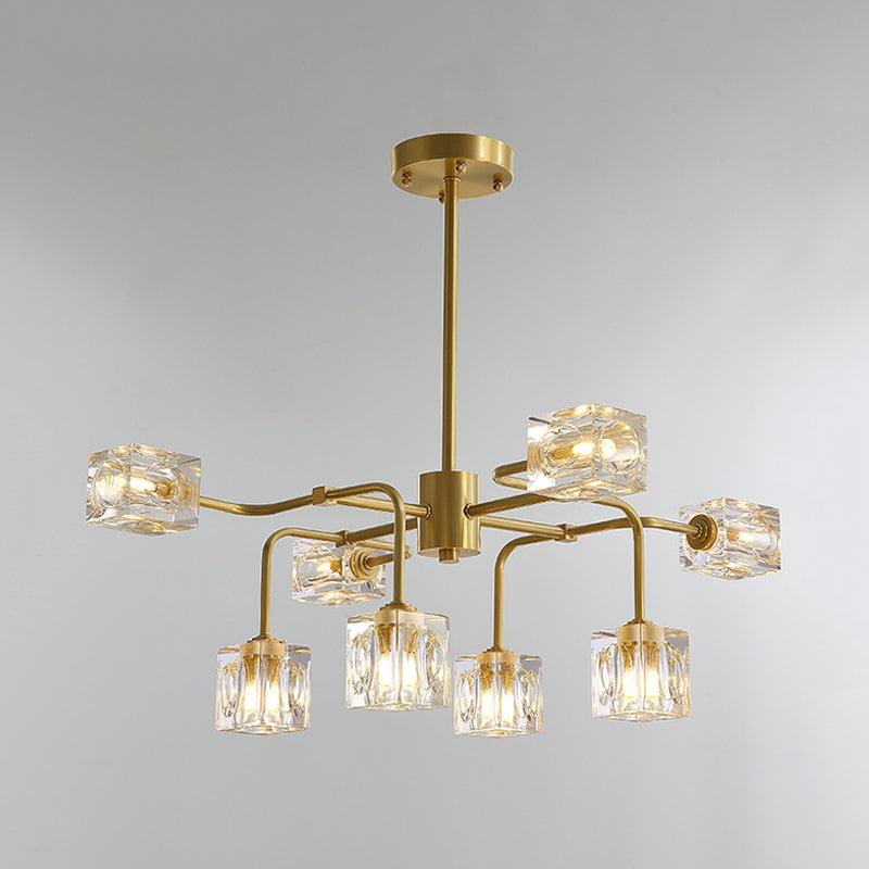 Modern Crystal Cube Gold Chandelier Lamp - 8 Bulb Suspension Pendant