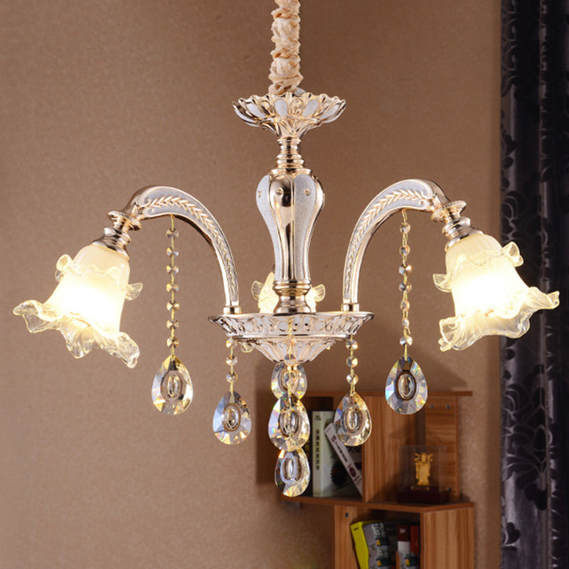 Ruffled Glass Chandelier: 2-Layer Antiqued Design 3/6 Lights Gold Finish 3 /