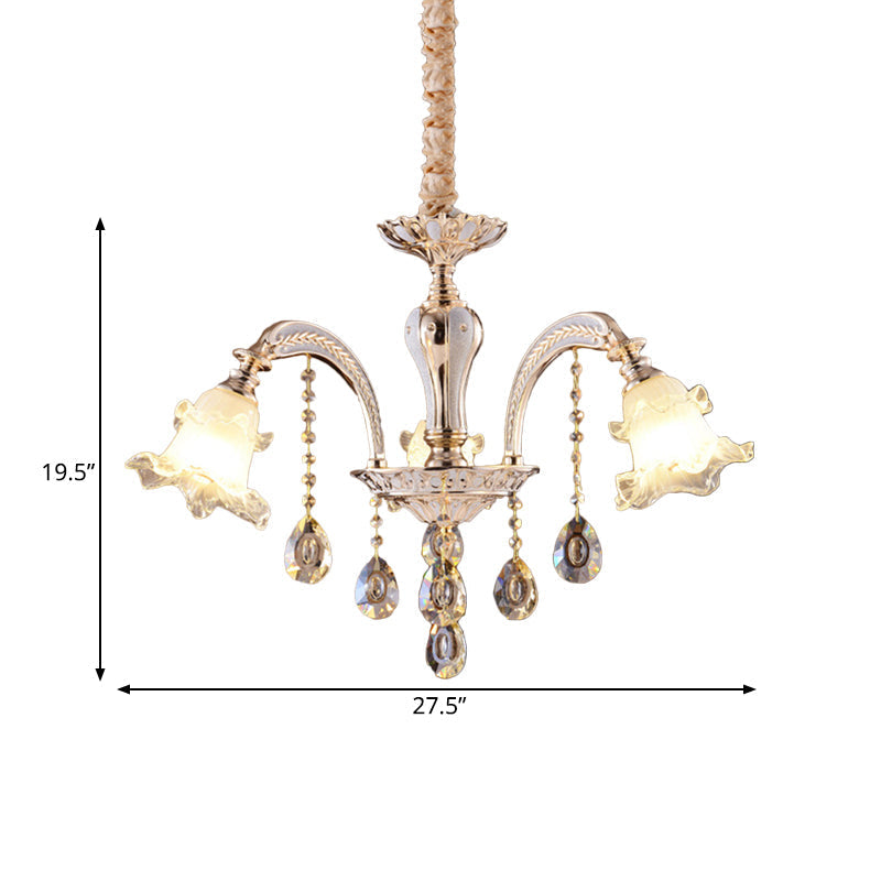 Ruffled Glass Chandelier: 2-Layer Antiqued Design 3/6 Lights Gold Finish