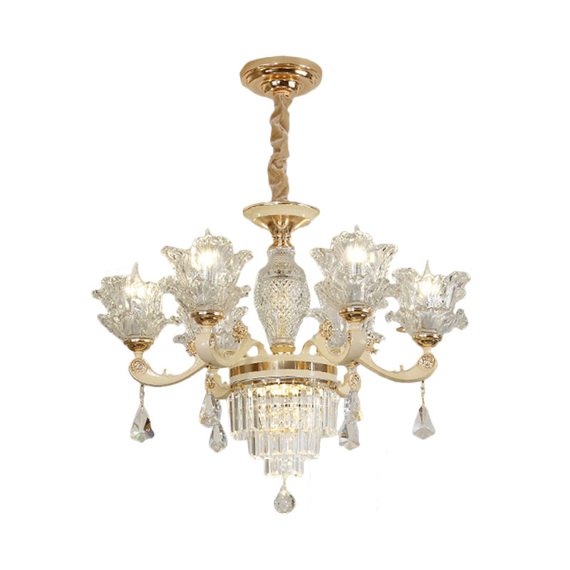 Modern Gold Blossom Chandelier with 6 Clear Glass Heads - Stylish Ceiling Pendant Light for Living Room