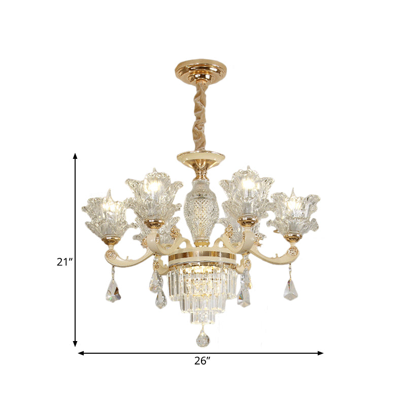 Modern Gold Blossom Chandelier With 6 Clear Glass Heads - Perfect For Living Room Ceilings