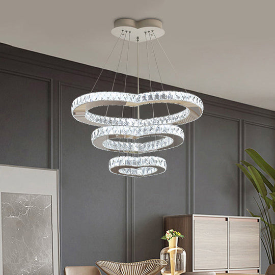 Modernist Crystal Heart Chandelier - Chrome 3-Tier LED Hanging Light Fixture