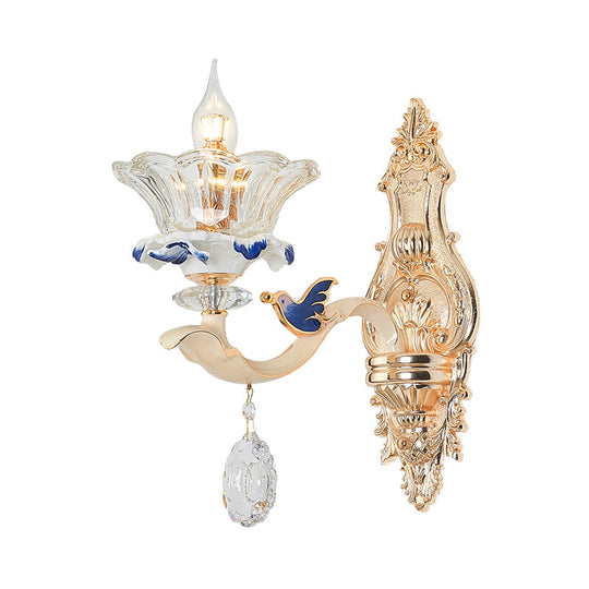 Traditional Brass Wall Sconce Light With Crystal Flower Shade - Perfect For Living Room