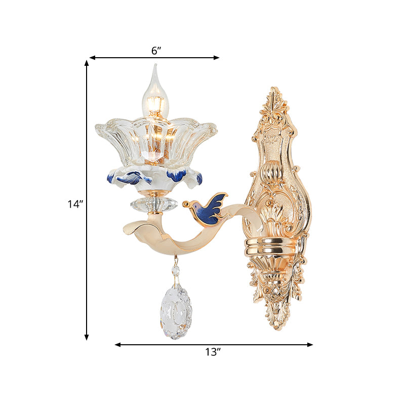 Traditional Brass Wall Sconce Light With Crystal Flower Shade - Perfect For Living Room