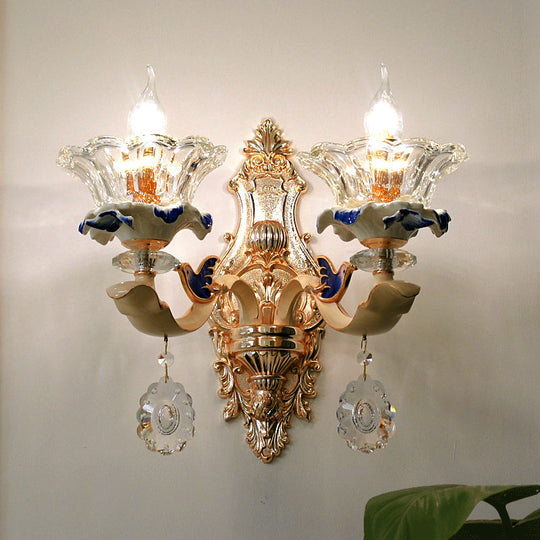 Traditional Brass Wall Sconce Light With Crystal Flower Shade - Perfect For Living Room 2 /