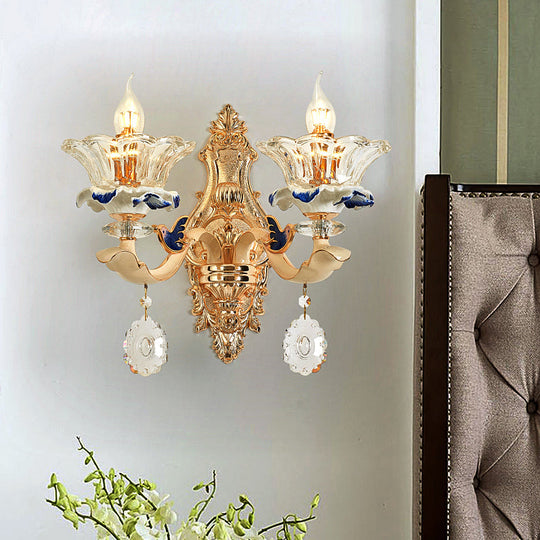 Traditional Brass Wall Sconce Light With Crystal Flower Shade - Perfect For Living Room