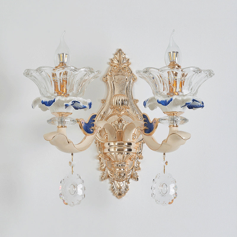 Traditional Brass Wall Sconce Light With Crystal Flower Shade - Perfect For Living Room