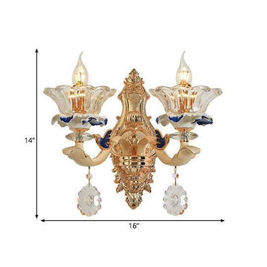 Traditional Brass Wall Sconce Light With Crystal Flower Shade - Perfect For Living Room